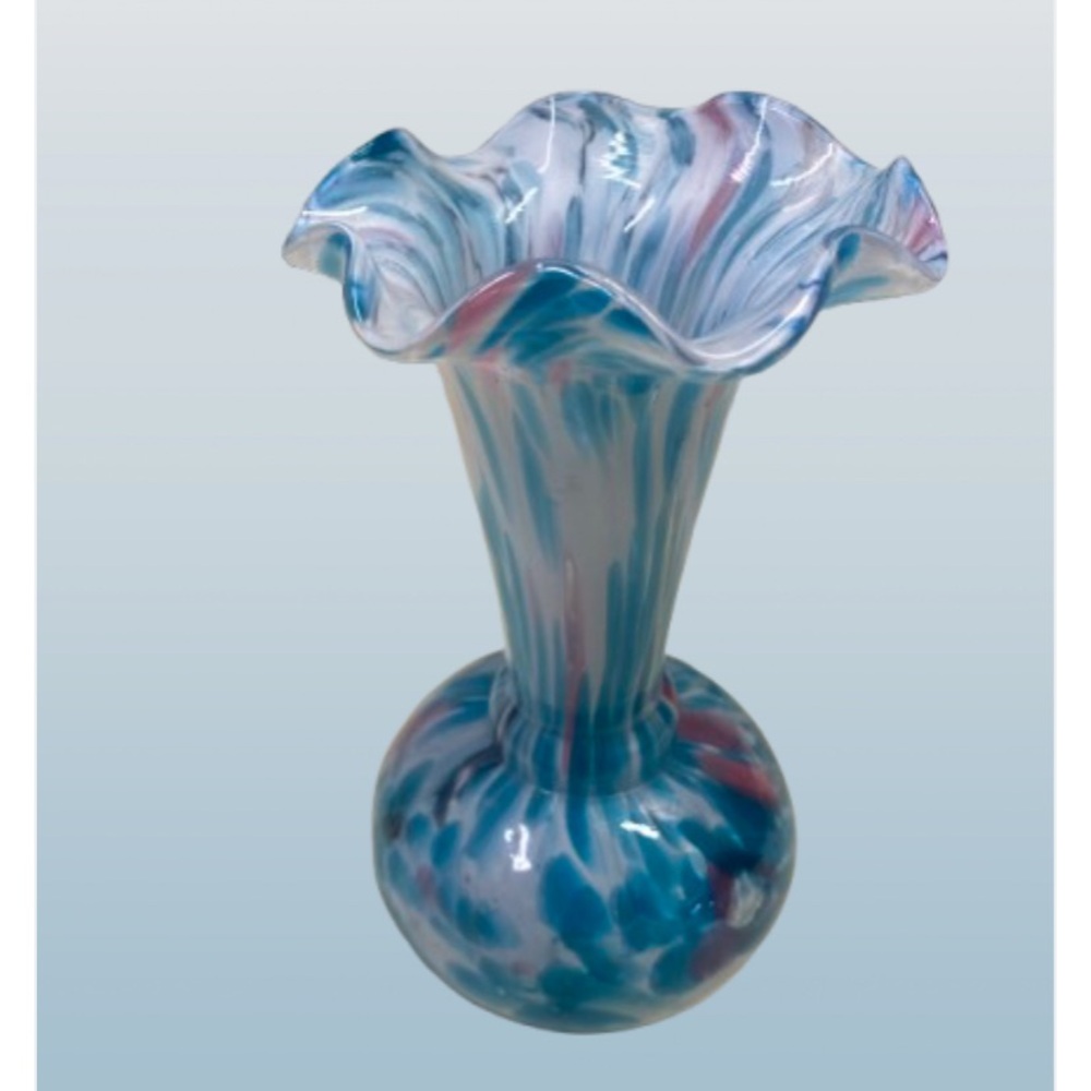 Vintage Murrhina-Style Hand Blown Ruffled Edge Glass Vase 7.5” Length